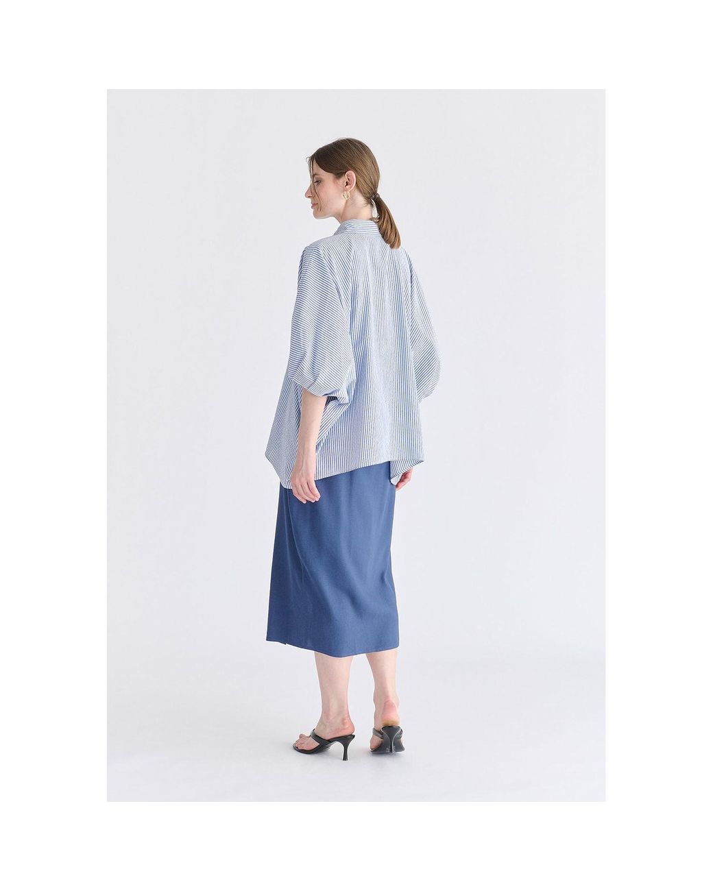 Paisie Blue Metallic Button Details Oversized Blouse