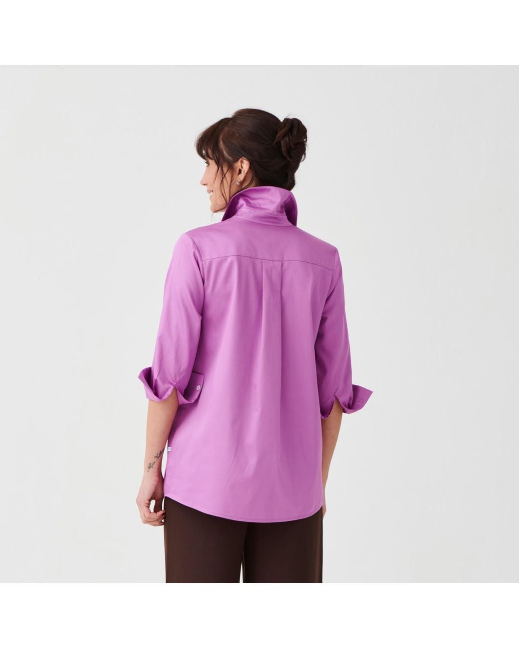 Perlavera Purple Cely Burgundy Solid Cotton Satin Three Quarter Sleeve Length Missy Fit Shirt