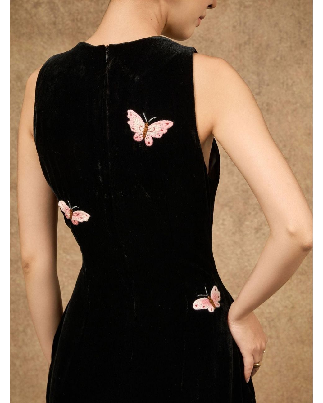 Silk and Bears Black Hand-Embroidered Butterfly Silk Velvet Maxi Evening Dress