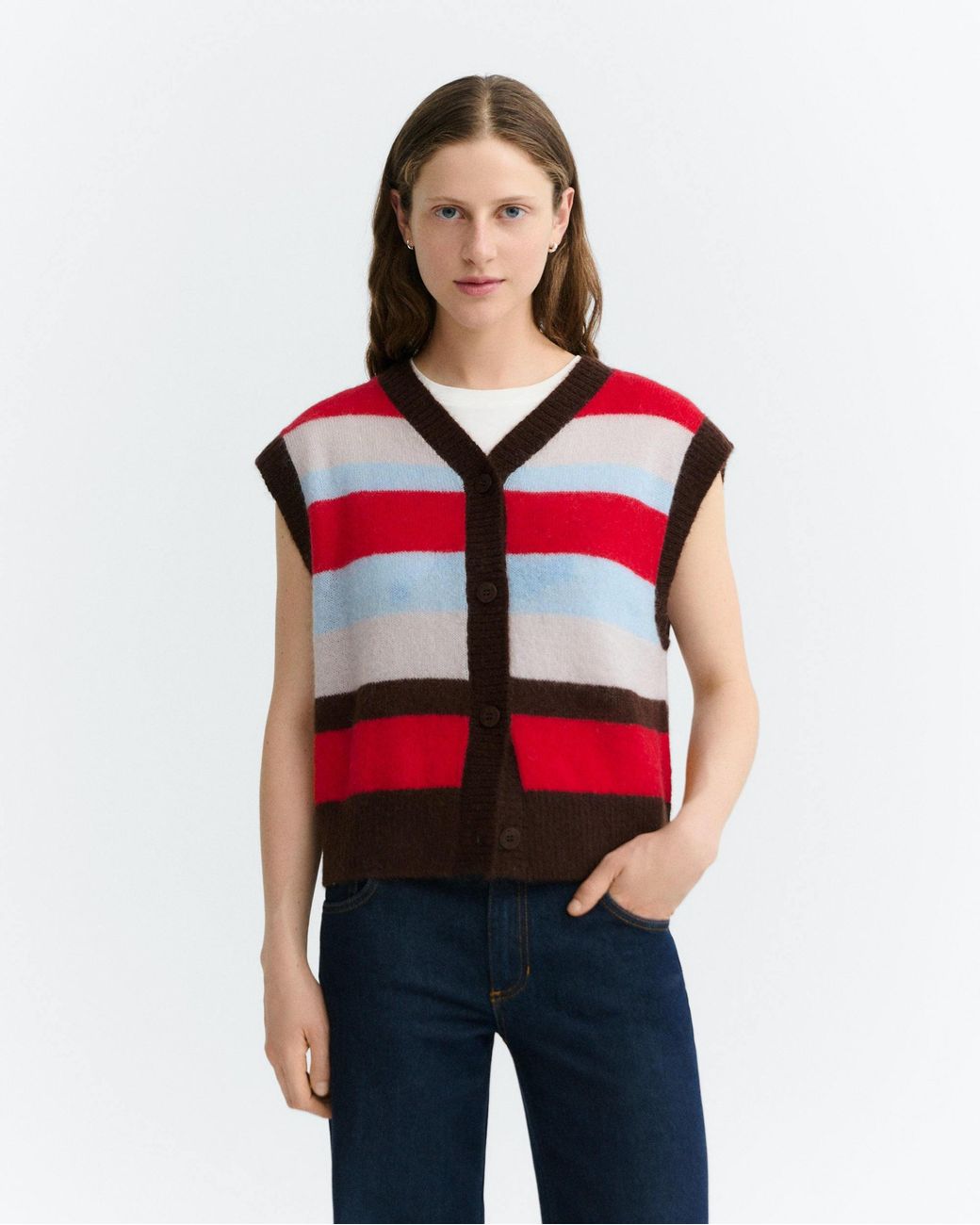 Thinking Mu Pink Fadwa Oversized Striped Wool Vest