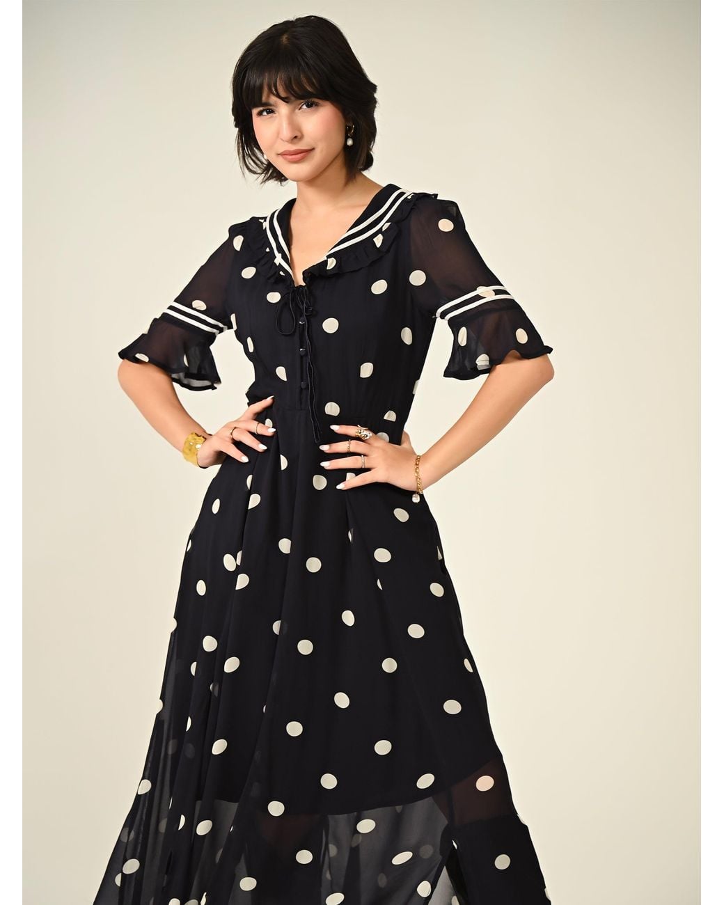 Rose & Nancy Black Audrey Polka Print Collar Detail Maxi Dress