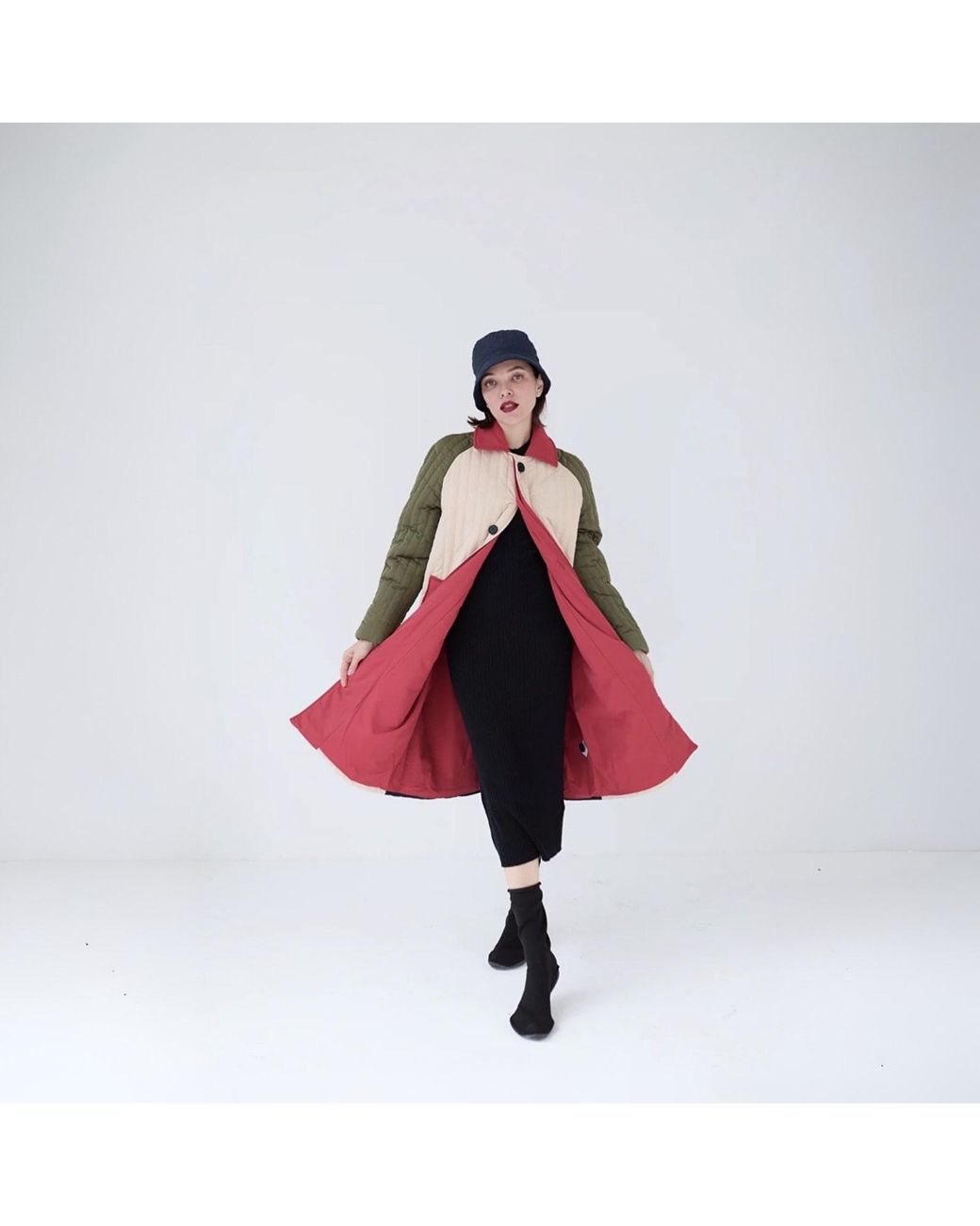 London Atelier Byproduct Pink Neutrals Khaki Patchwork Color Block Quilted Long Jacket