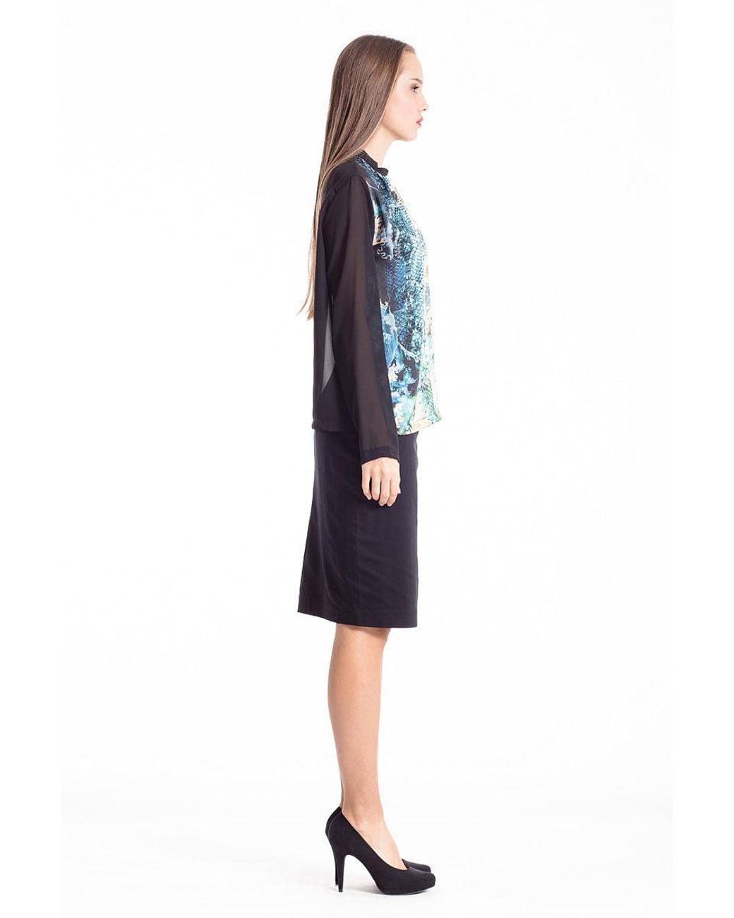 Conquista Green Print Top With Sheer Sleeves & Back
