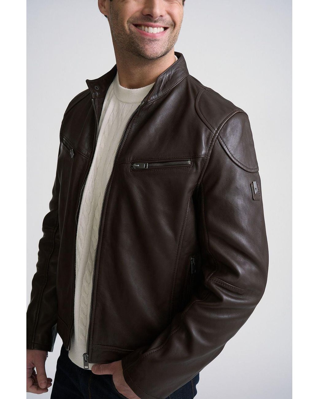 Mauritius Brown Muscle-Fit Leather Jacket With Removable Full Insert Biko for men