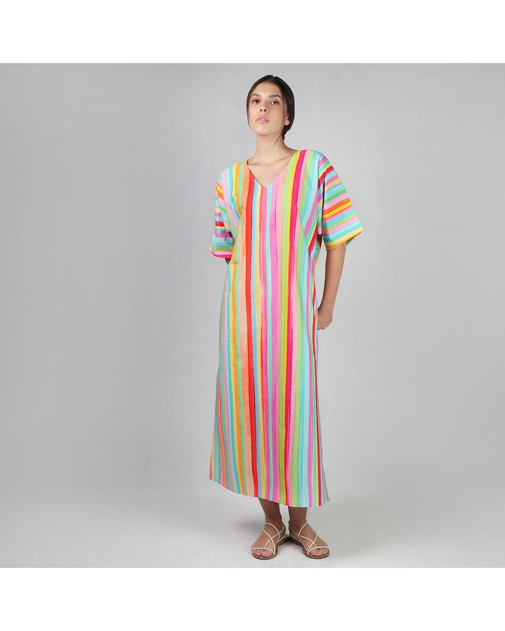 DHARA SHETH DUBAI Blue The Palette Colorful Strips Cotton Kaftan Maxi Dress With Side Slit