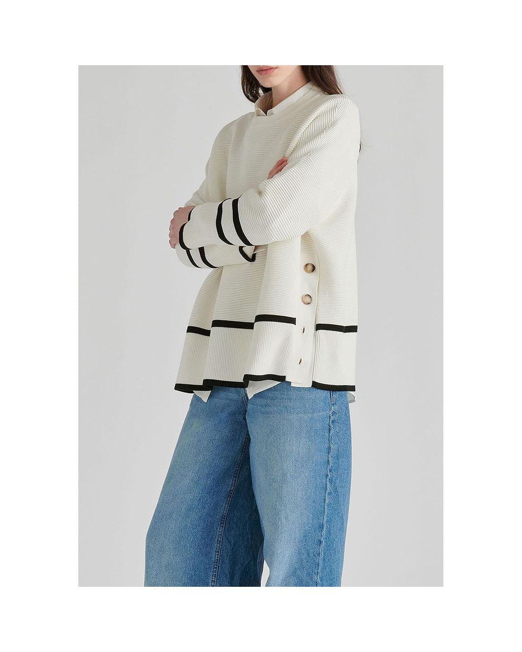 Paisie White Striped Details Ribbed Jumper With Side Buttons