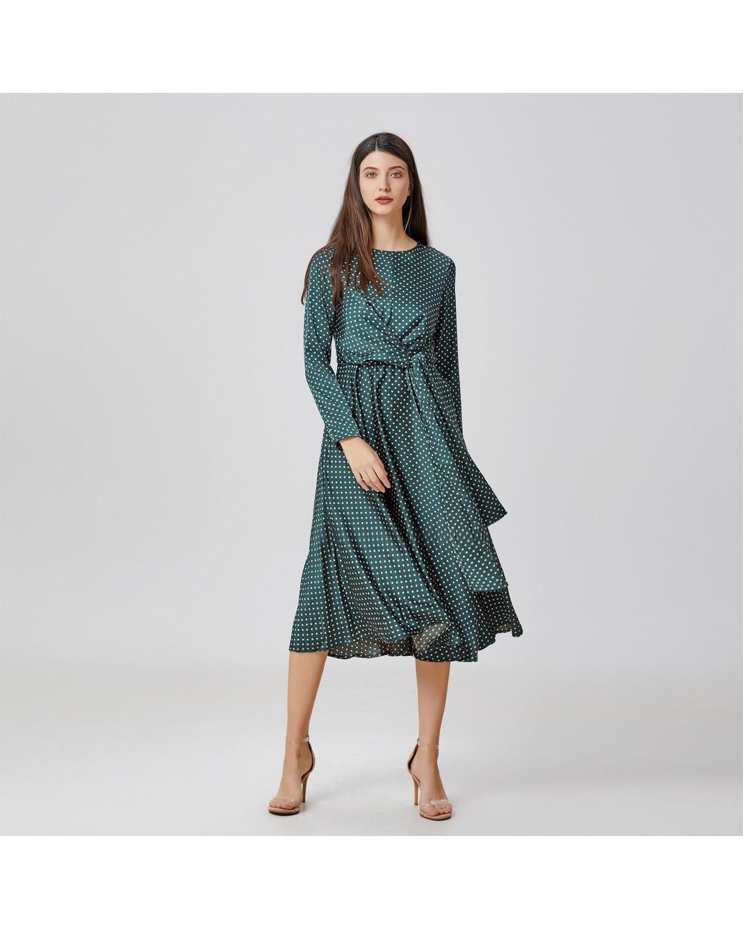 Smart and Joy Black Flared Printed Satin Dress With Side Knotted Panel
