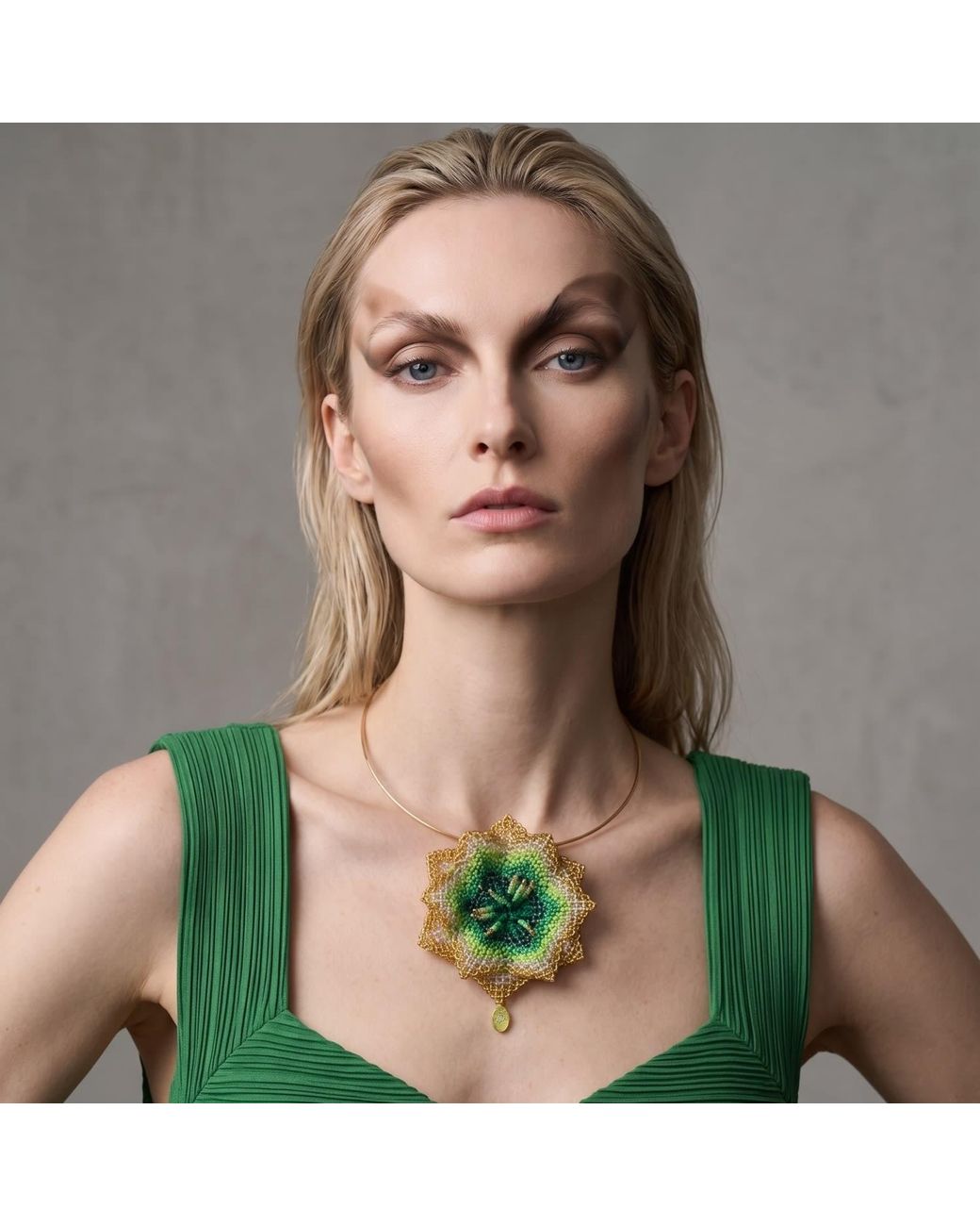 Iliana Arrazola Green Pasiflora Flower Choker, Glass Beads, Beaded Jewelry