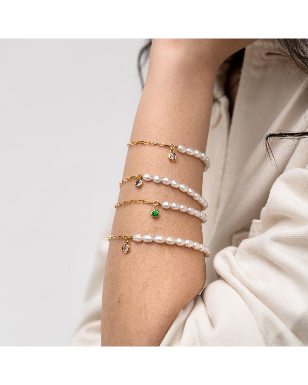 Dower & Hall White Luna Pearl & Garnet Charm Bracelet