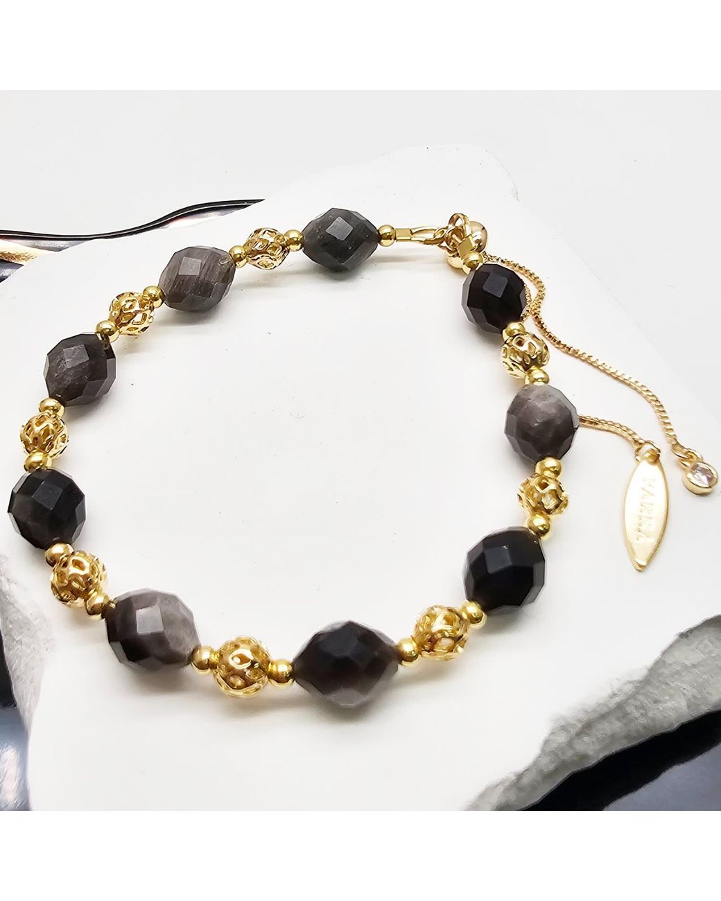 Farra Black Romantic Style Oval Obsidian Adjustable Bracelet