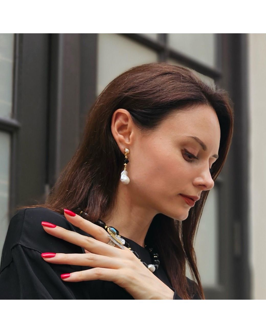Farra Metallic Baroque Pearls With Obsidian Clip-On Earrings