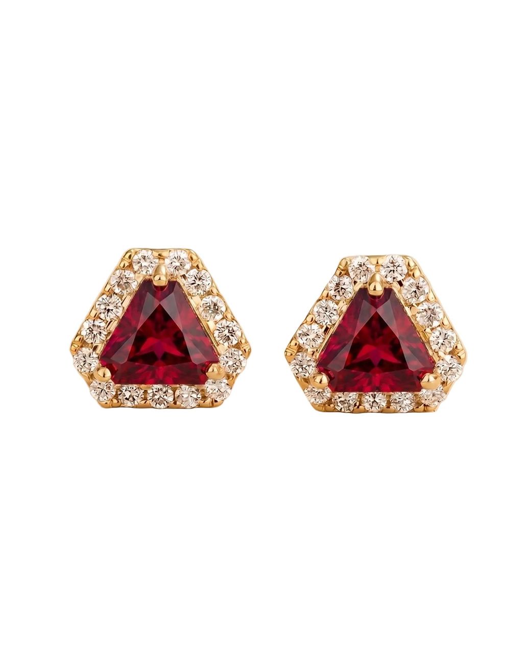 Juvetti Red Diana Ruby Triangle Cut & Diamond Halo Stud Earrings
