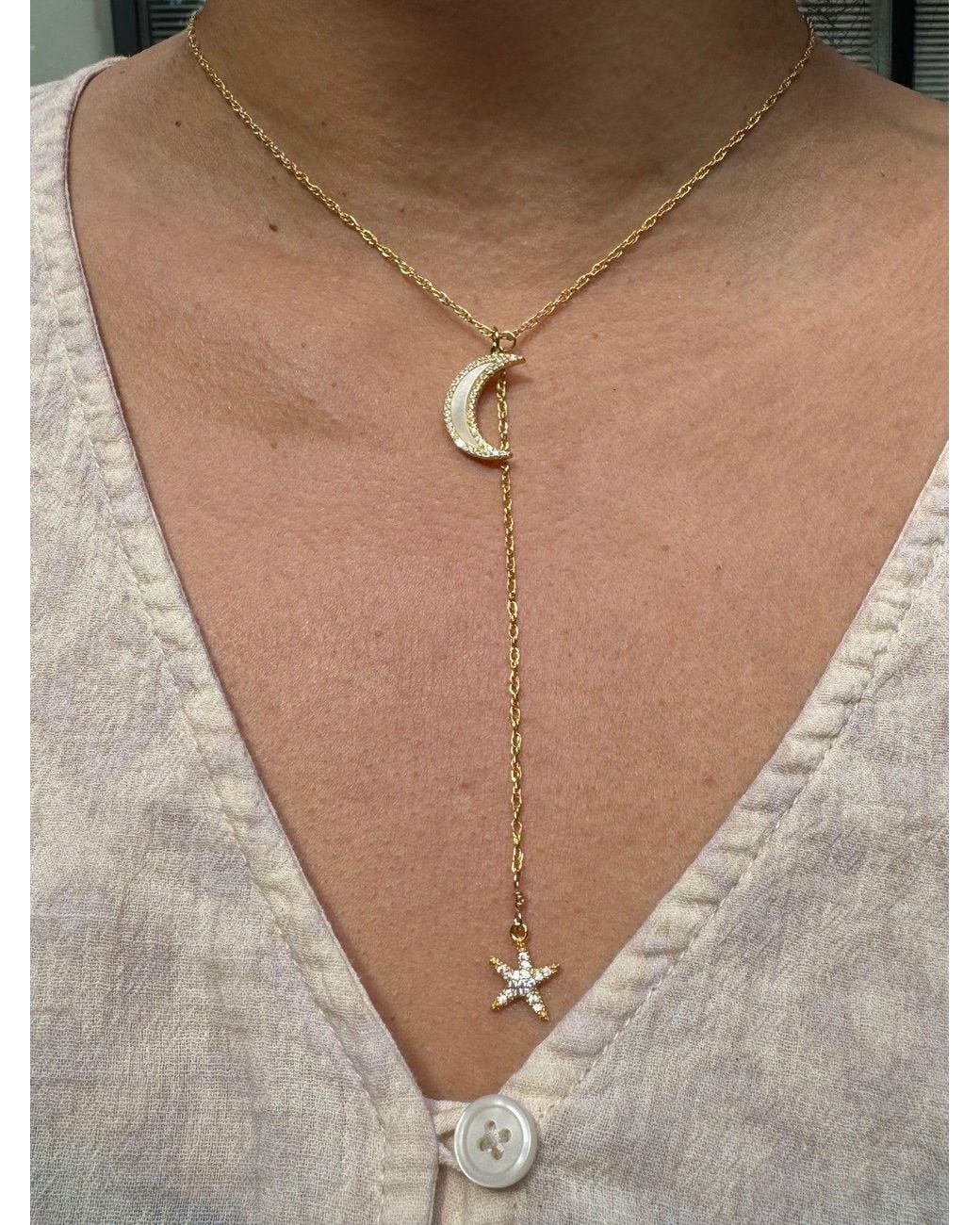 Lexi Jewelry Metallic Dreamy Moon 'N Star Sparkly Lariat Necklace
