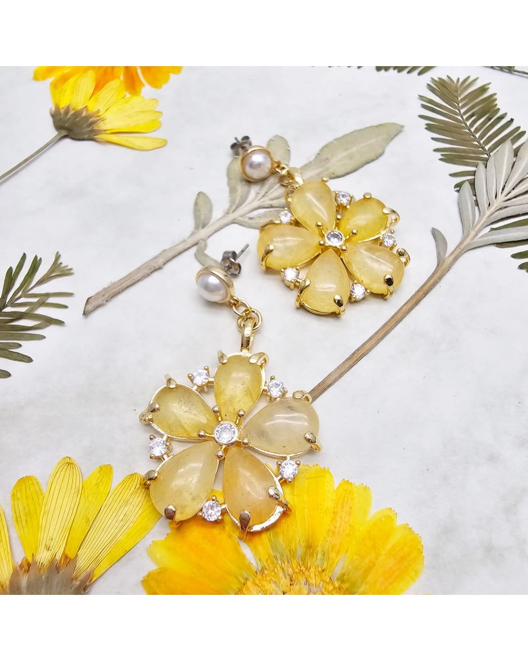 Farra Metallic Citrine Flower Dangle Statement Earrings