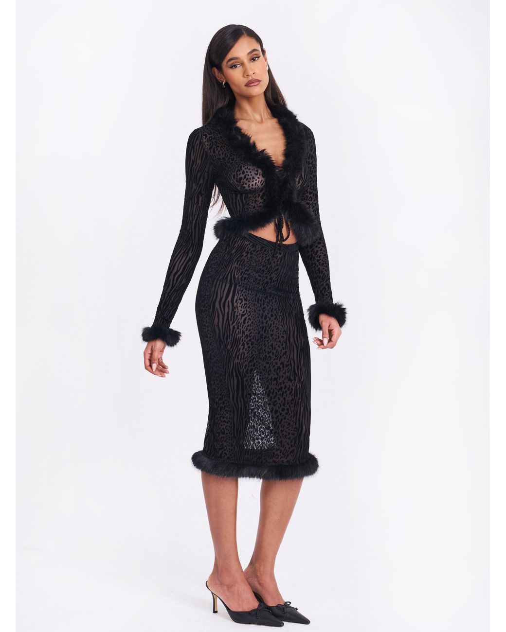 Miss Circle New York Black Halia Animal Print Burnout Velvet Fur Trim Skirt