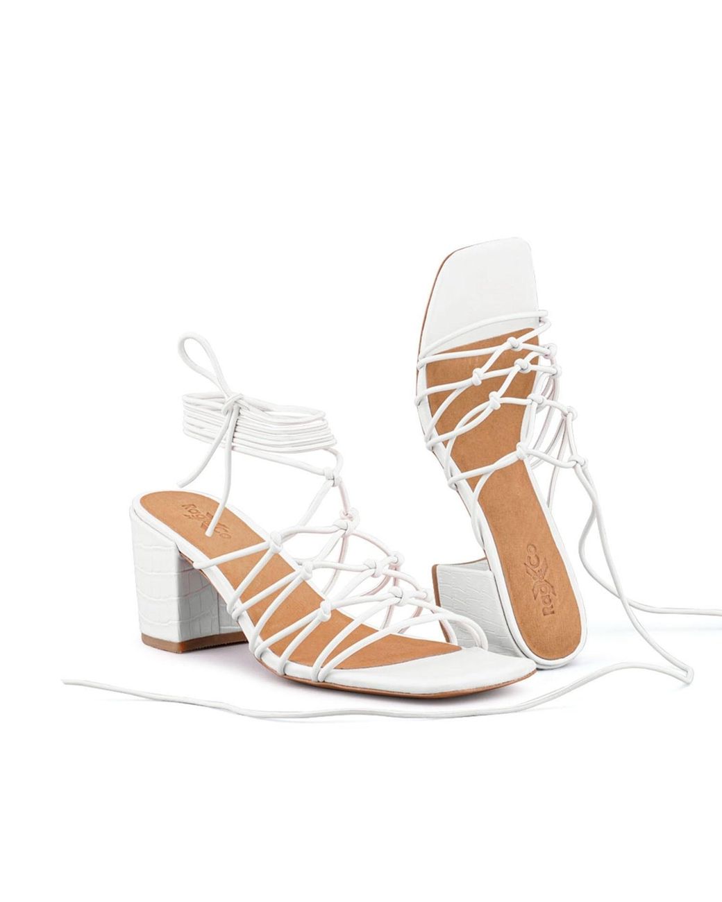 Rag & Co White Fonda Croc Patterned Handcrafted Lace Up Sandal