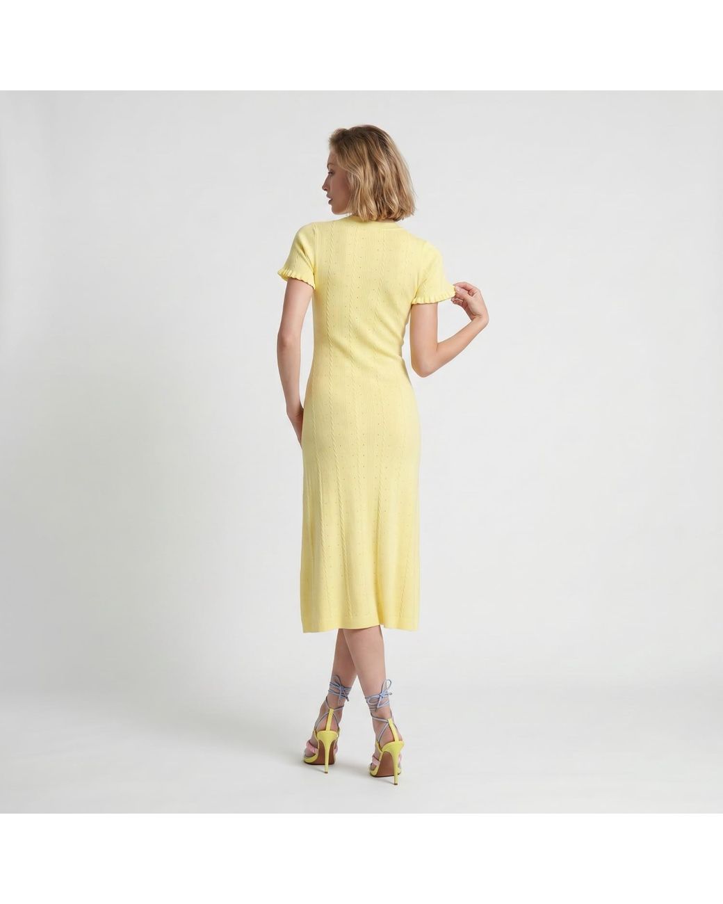 Modenaire Yellow Ribbed Knit Midi Dress