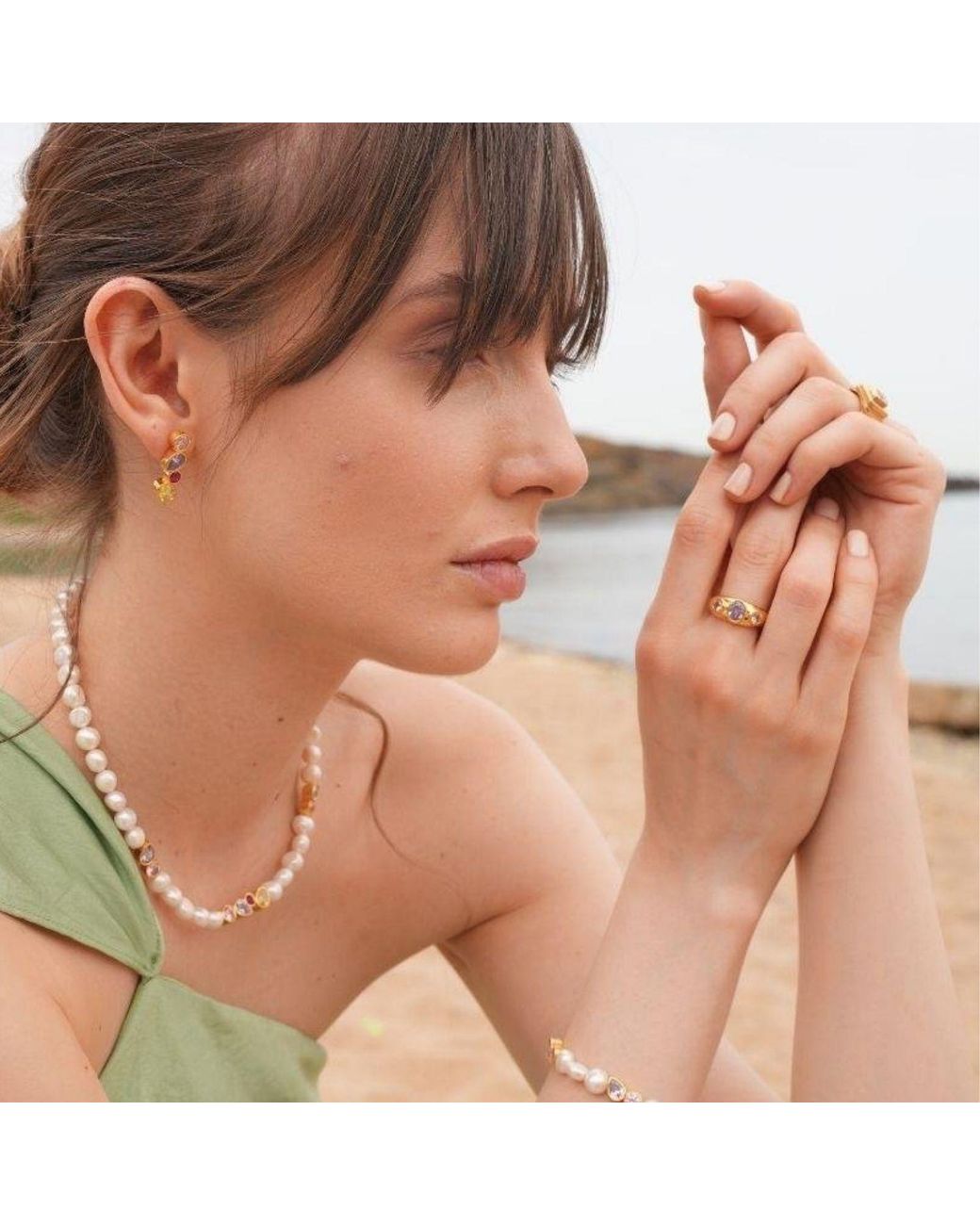 LINYA JEWELLERY Metallic Diana Colorful Stone Pearl Necklace