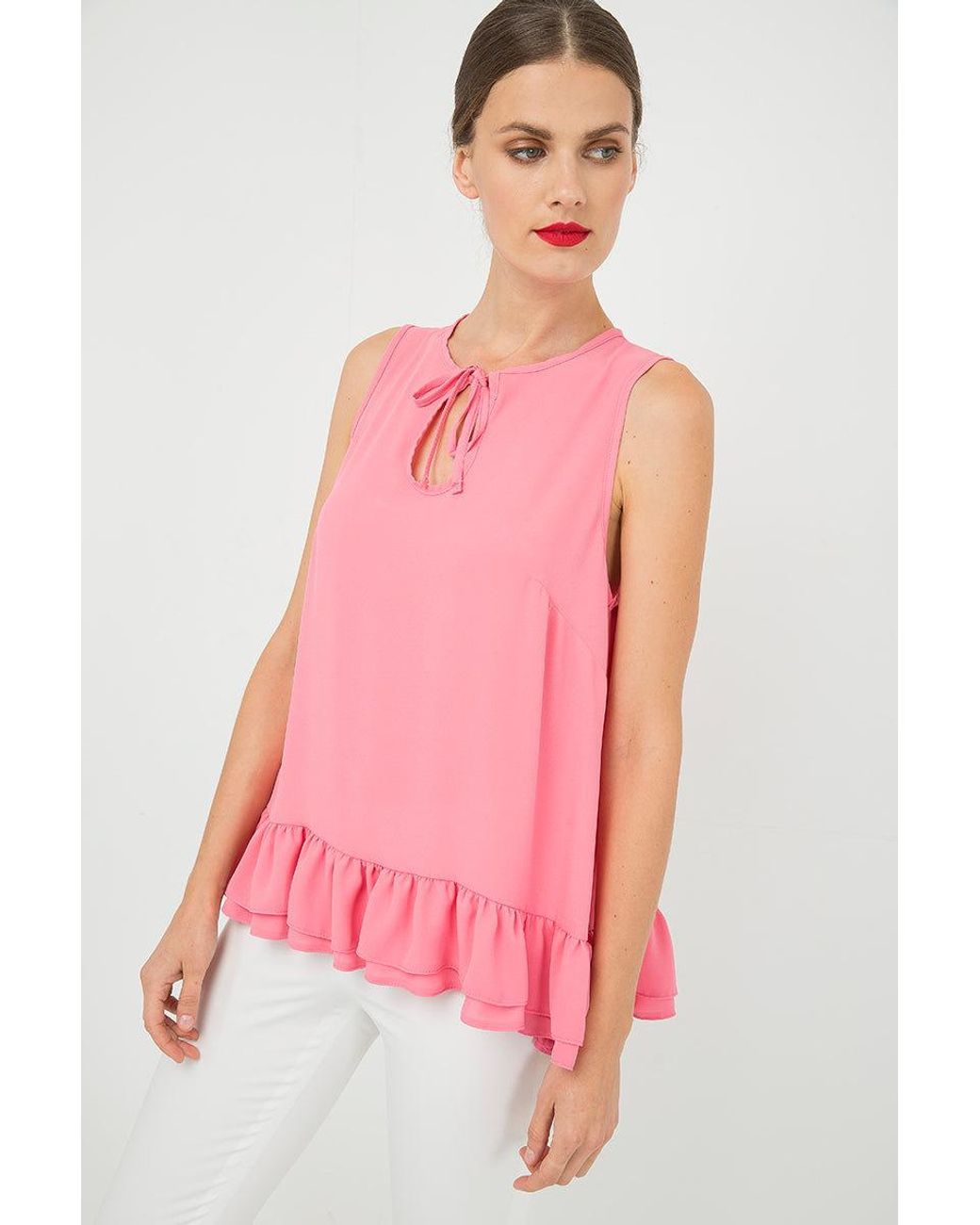 Conquista Pink Sleeveless Summer Top With A Wide Double Layer Frill