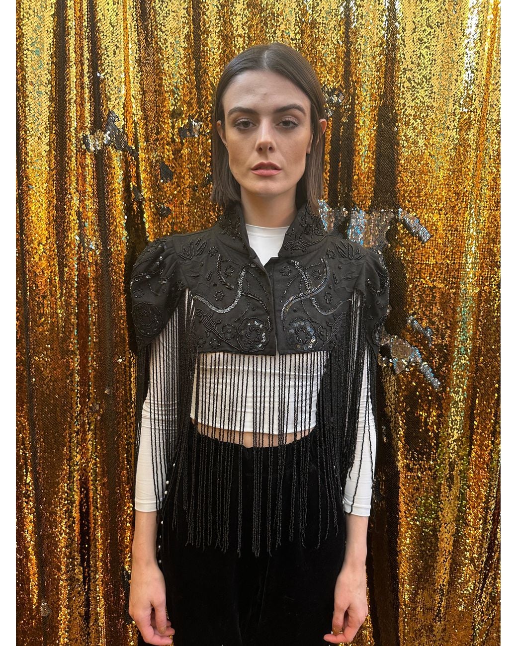 Any Old Iron Gray Hand-Beaded Desert Shrug