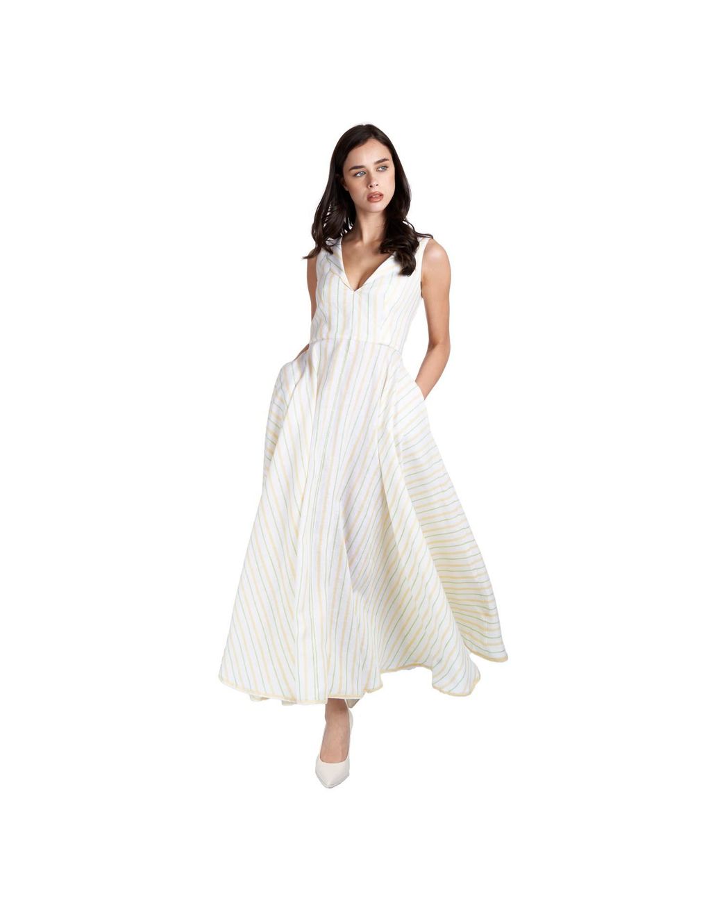 Sofia Tsereteli White Long V-neck Linen Dress