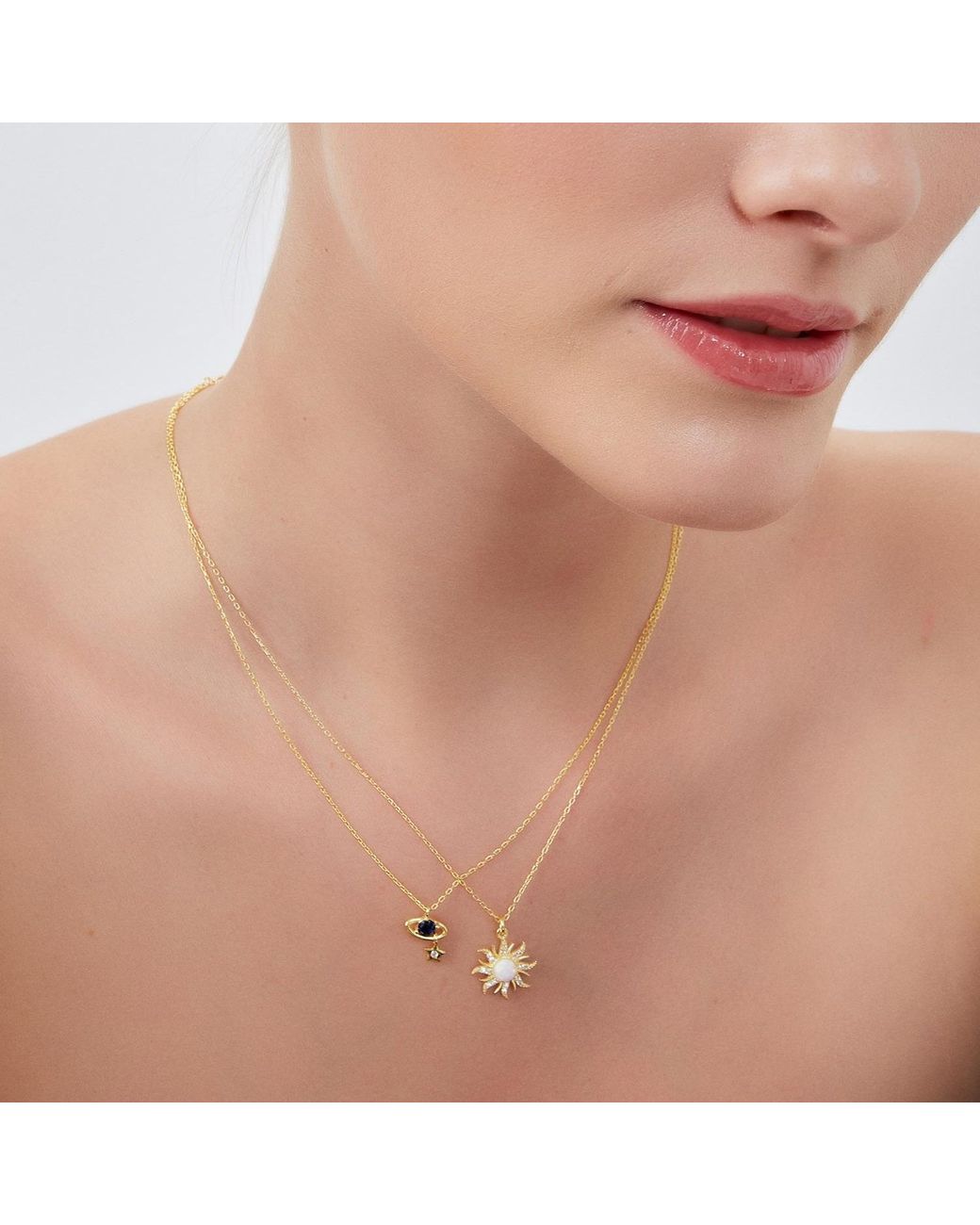 Spero London Metallic Opal Sun & Sunburst & Saturn Necklace Layering Set