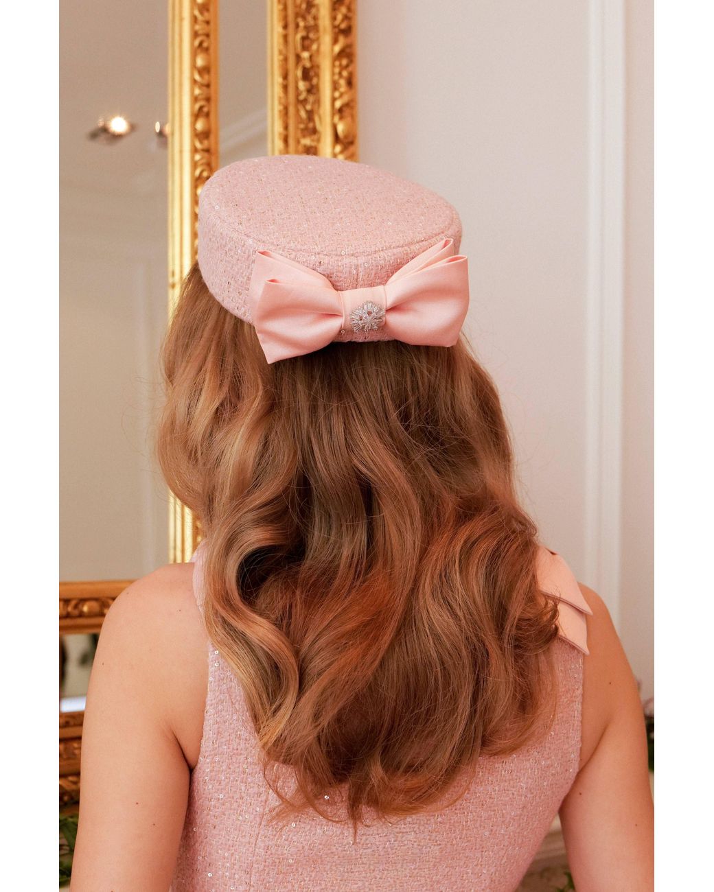 Santinni Pink 'Amour' Woollen Tweed Pillbox Hat With Silk Bow Rosa