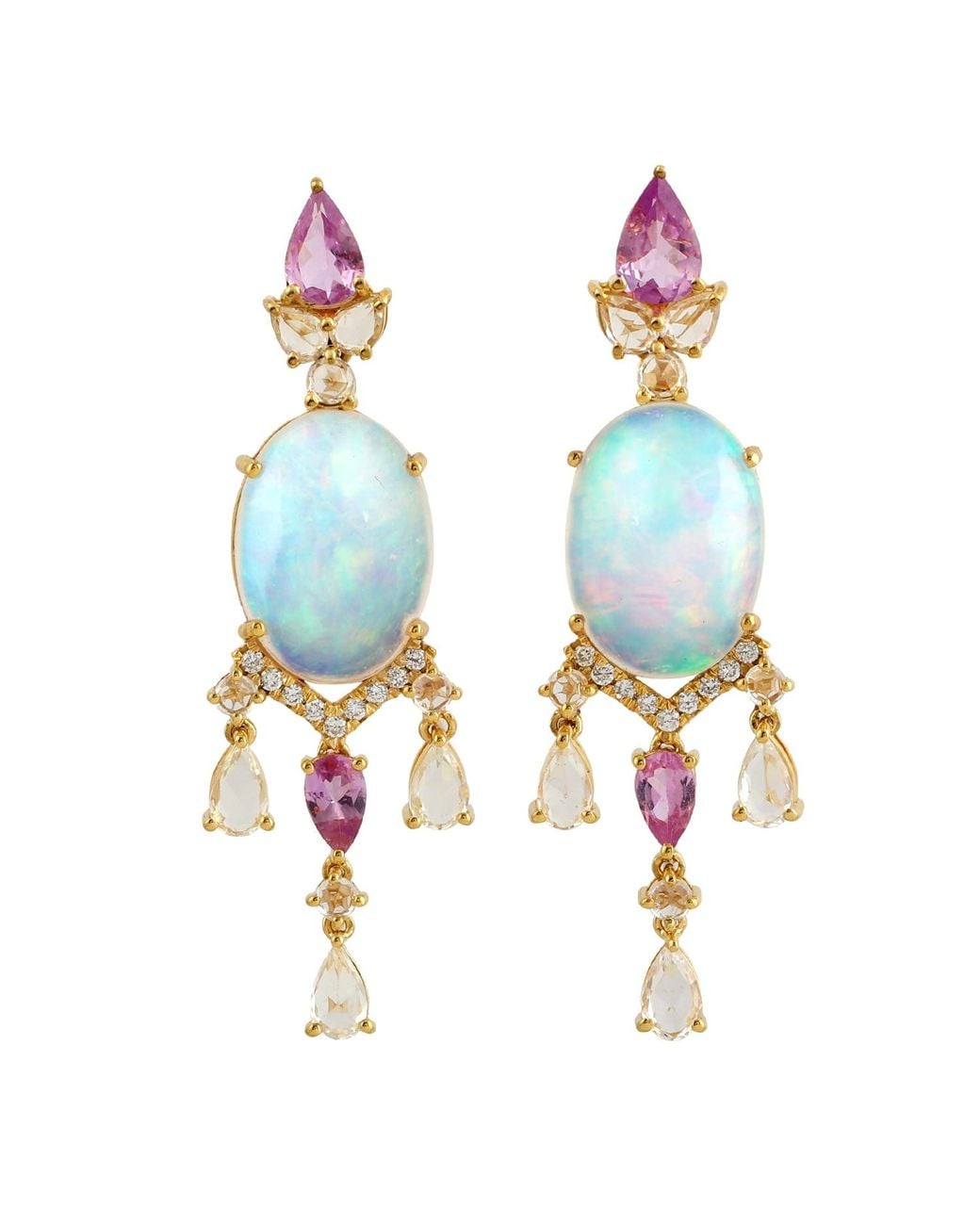 Artisan Blue 18k Gold With Opal Ethiopian & Pink Sapphire Diamond Earrings