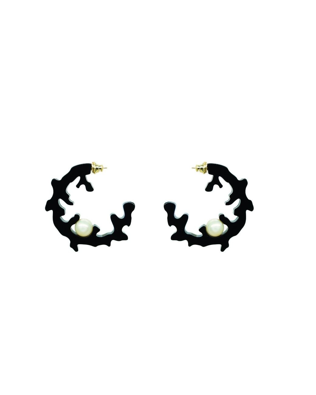 Gissa Bicalho Black Handmade Acrylic Earrings Hoops Coral & Pearl