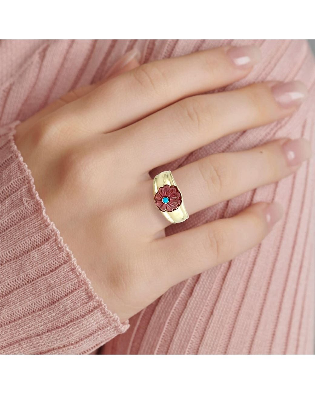 Artisan Metallic Carved & Tourmaline Statement Ring