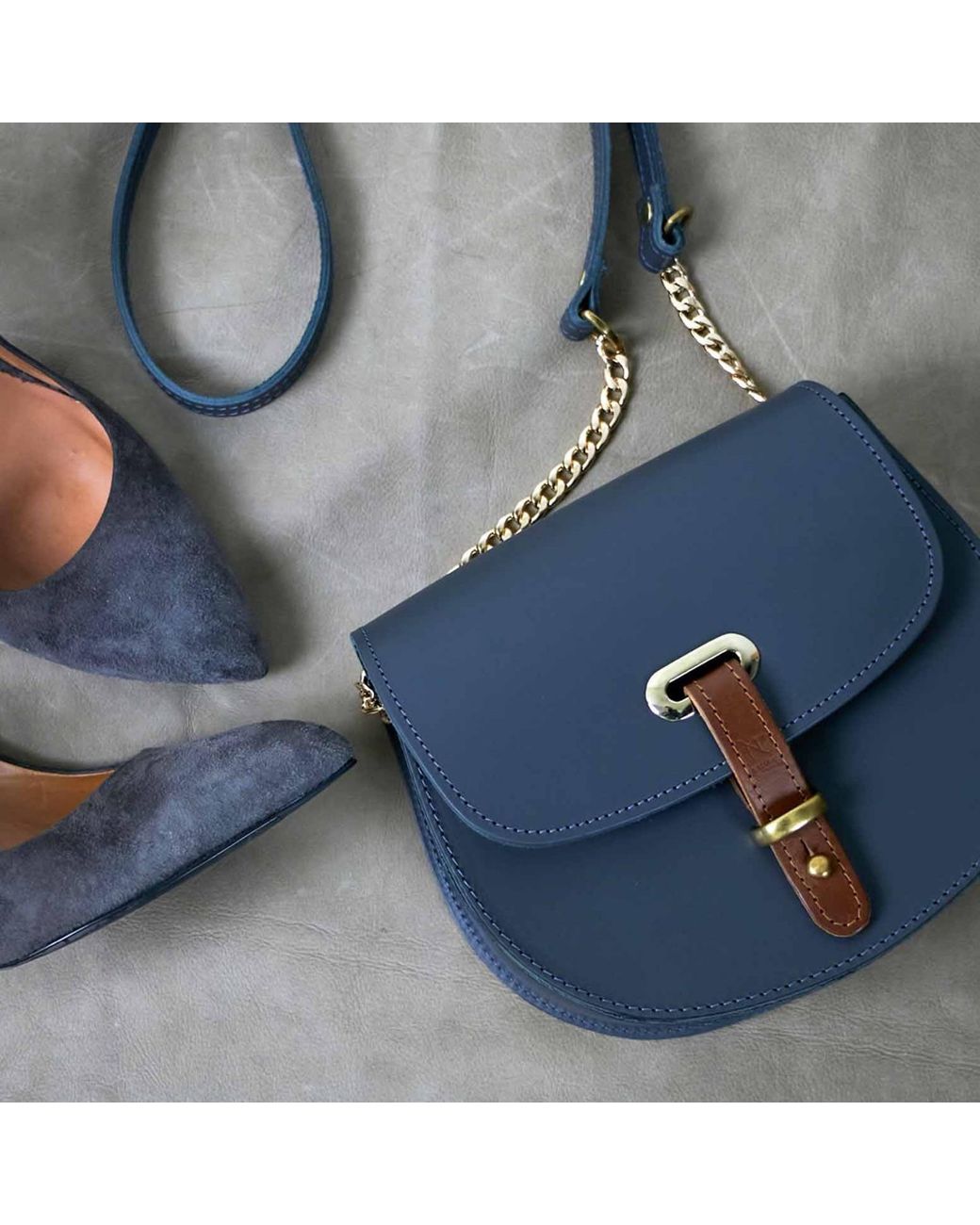 N'damus London Gray Mini Victoria Full Grain Leather Crossbody Saddle Bag With Chain