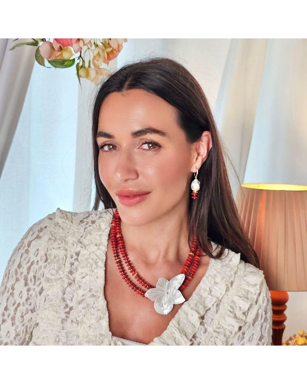 Farra White Baroque Pearl With Bamboo Coral Earrings