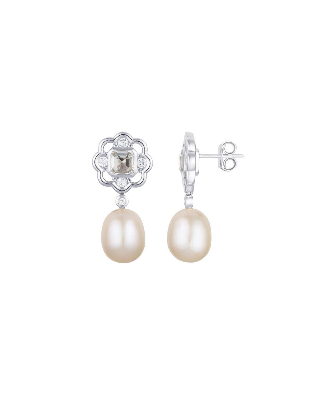 Lulu B London White Topaz & Pearl Gemstone Flower Stud Drop Earrings