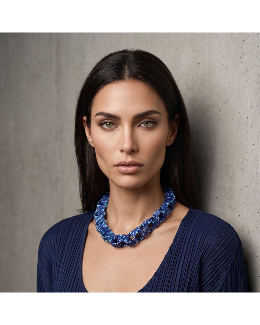 Iliana Arrazola Blue Bold Chunky Link Necklace, Glass Beads, Beaded Jewelry