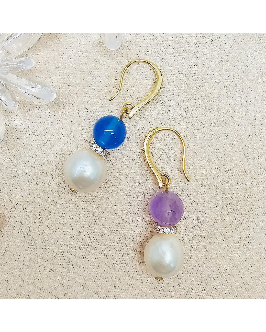 Farra Blue Amethyst And Agate With Freshwater Pearl Dangle Earrings