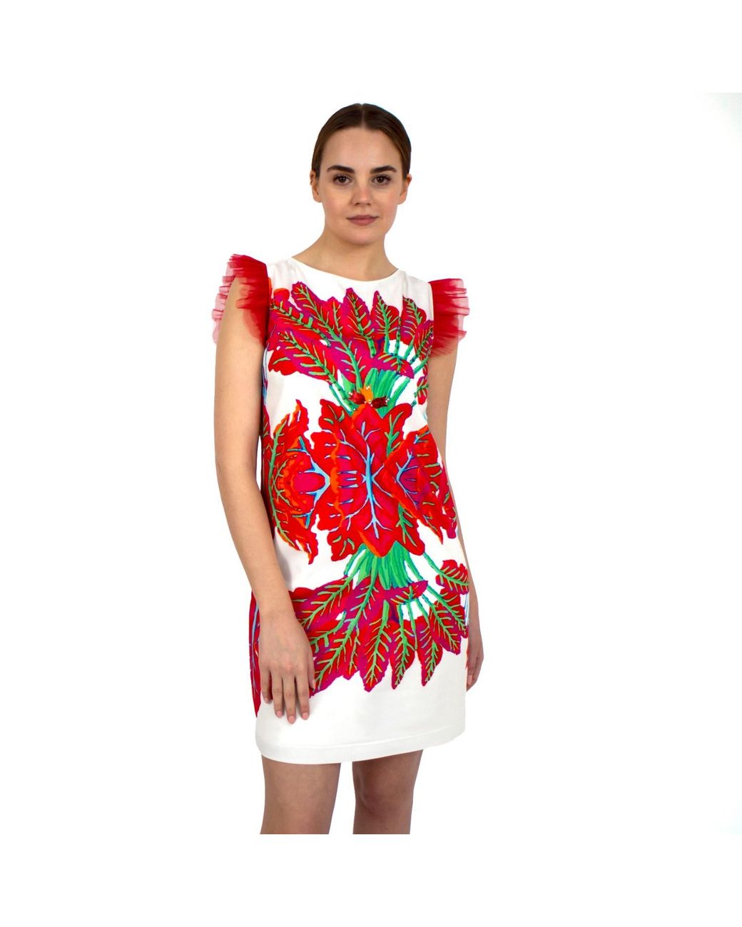 Lalipop Design Mini Dress With Red Leaves Print