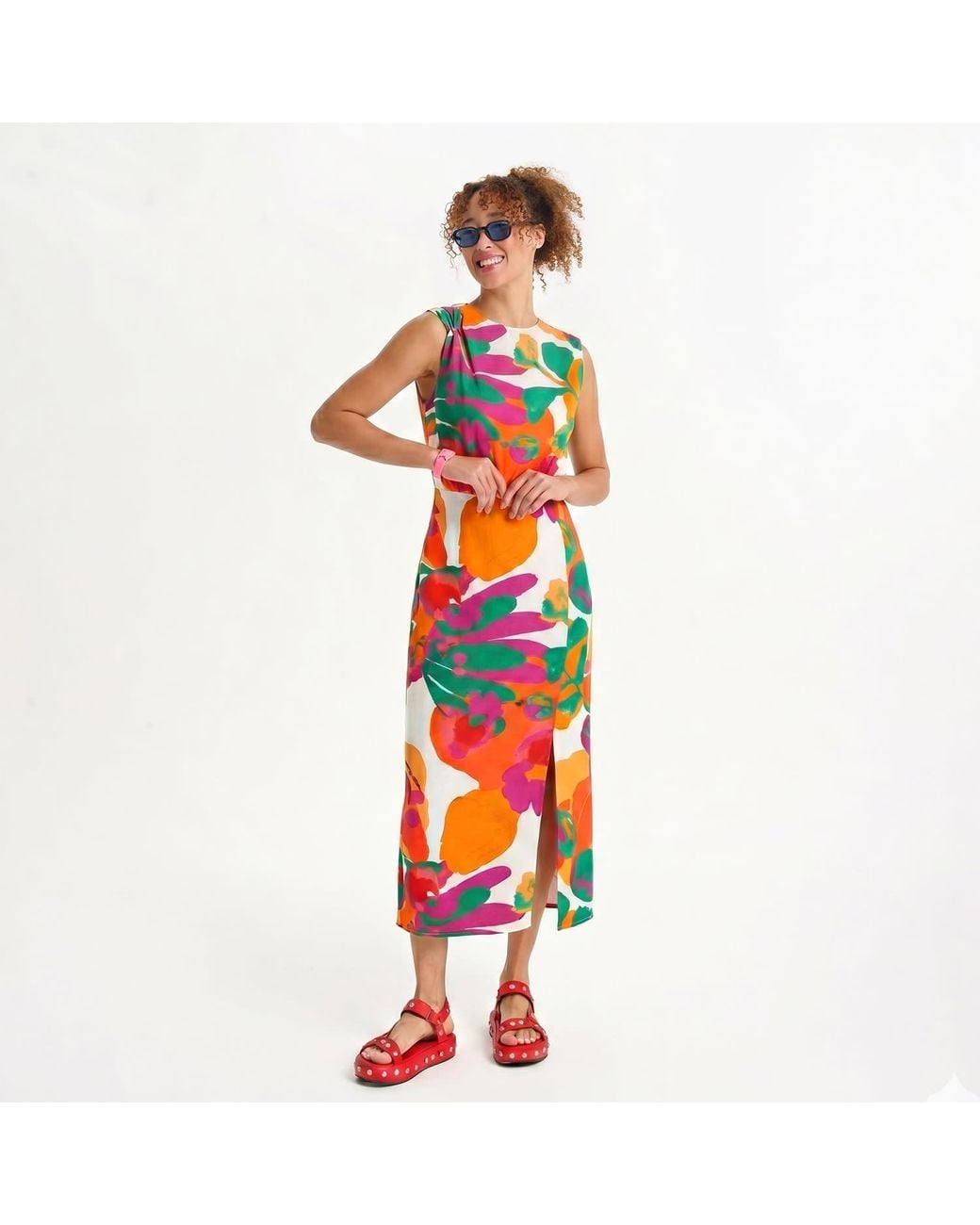 Lalipop Design Red Painterly Floral Sleeveless Midi Dress
