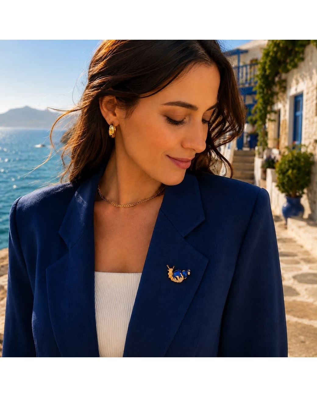 By Ozge Blue Rose Moonlit Journey Enamel & Zirconia Rose-Tone Snail Brooch