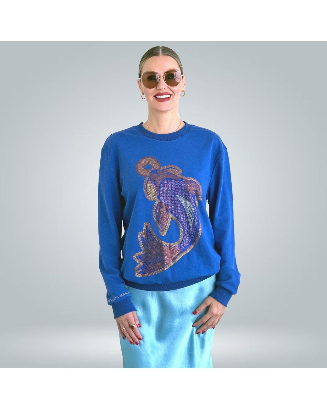 Miracles Manifester Blue Koi Fish Lucky Feng Shui Rhinestoned Sweatshirt