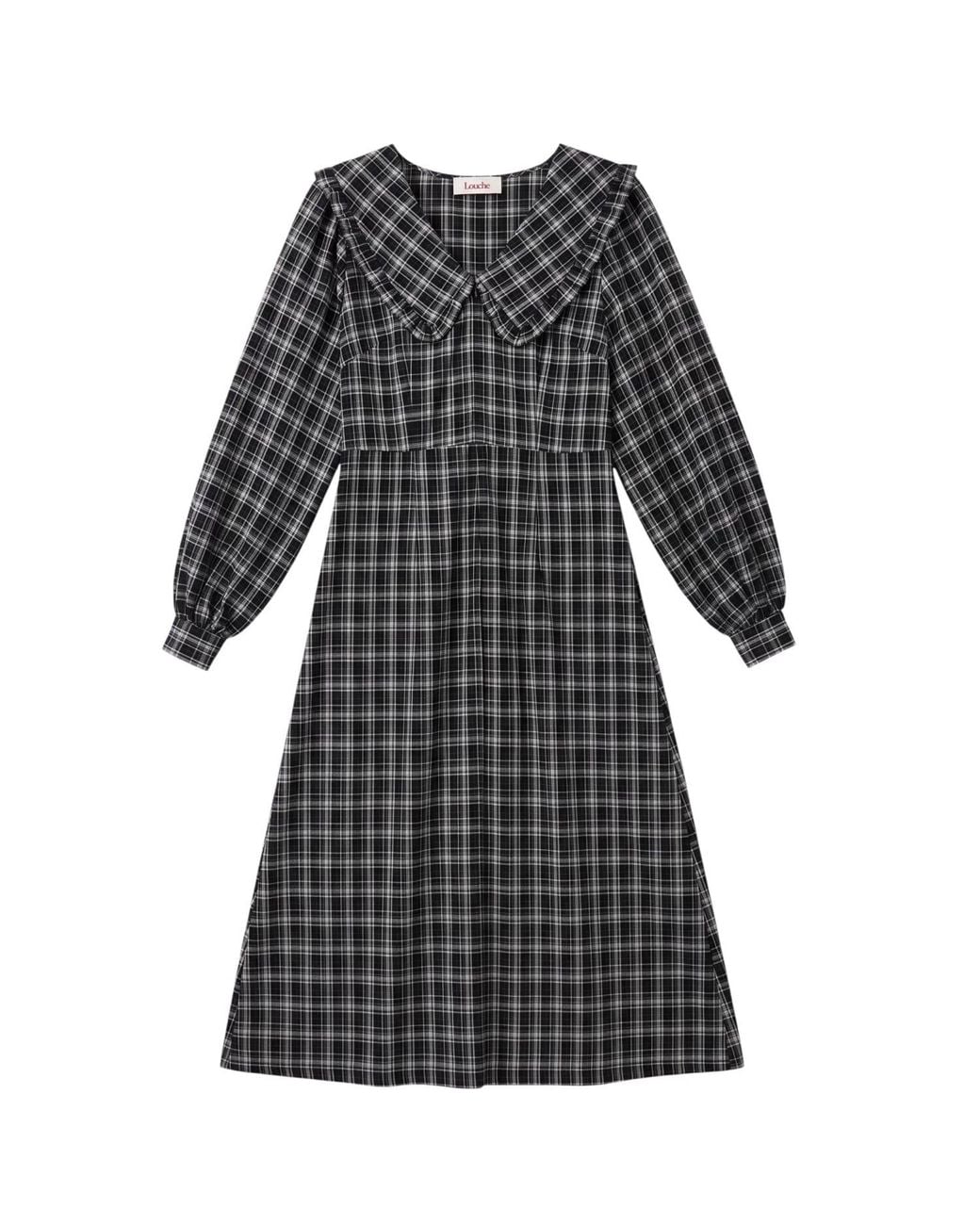 Louche Black Alva Shadow Check Long Sleeve Midi Dress