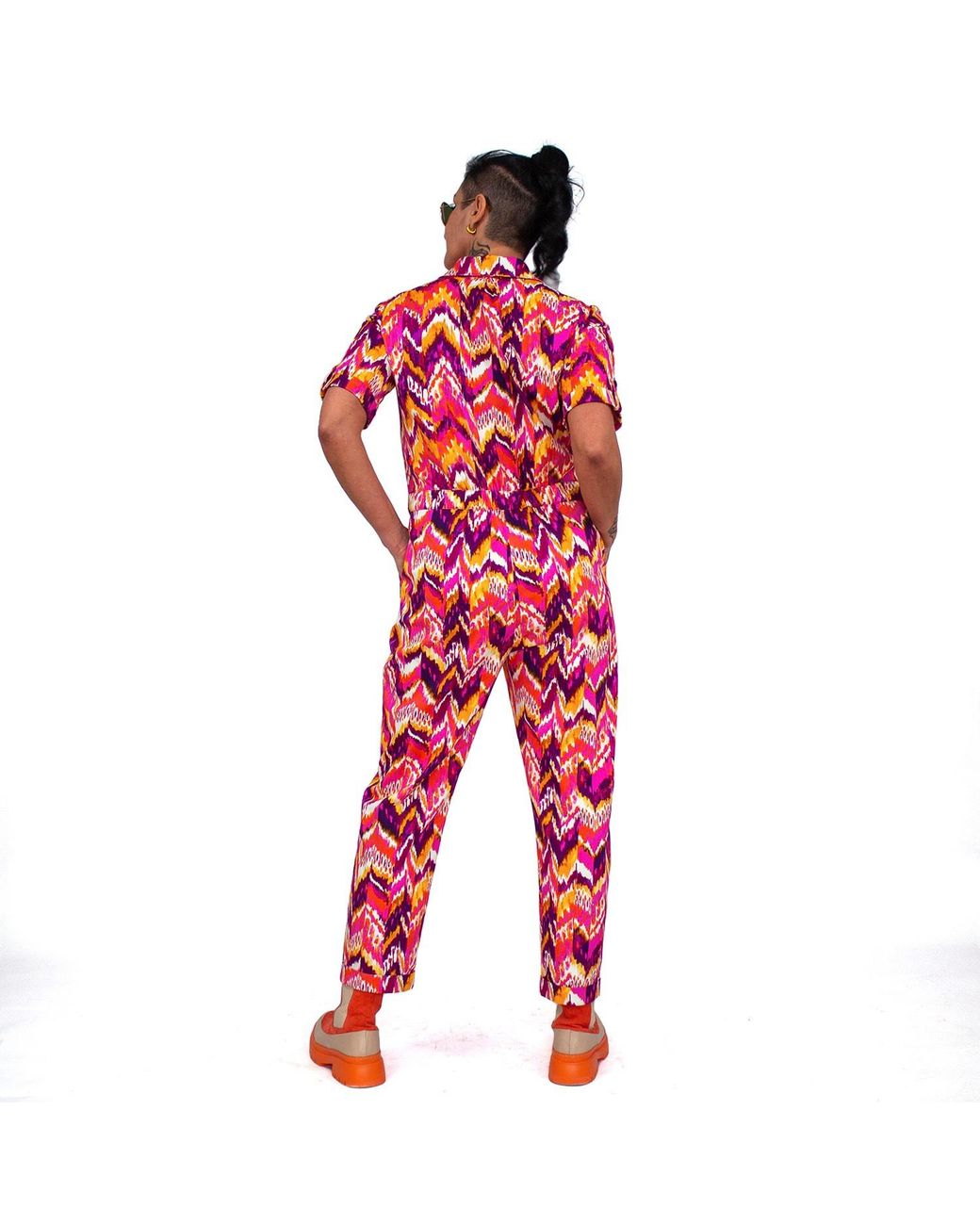 Lalipop Design Red Cotton Jumpsuit With Colorful Zigzag Print