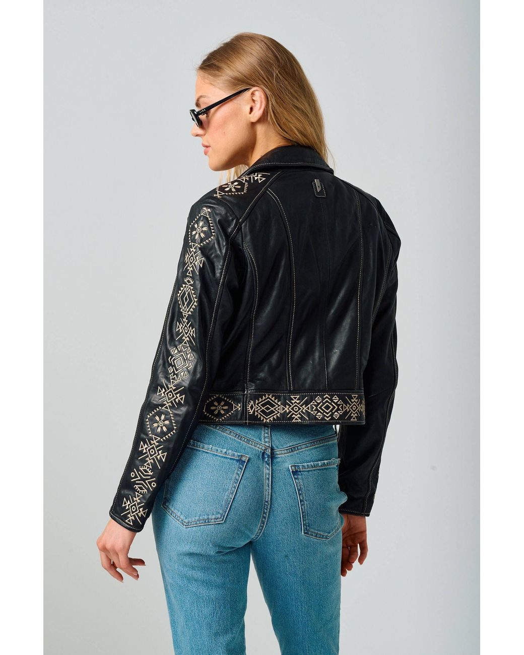 Mauritius Black Embroidered Leather Jacket Cora