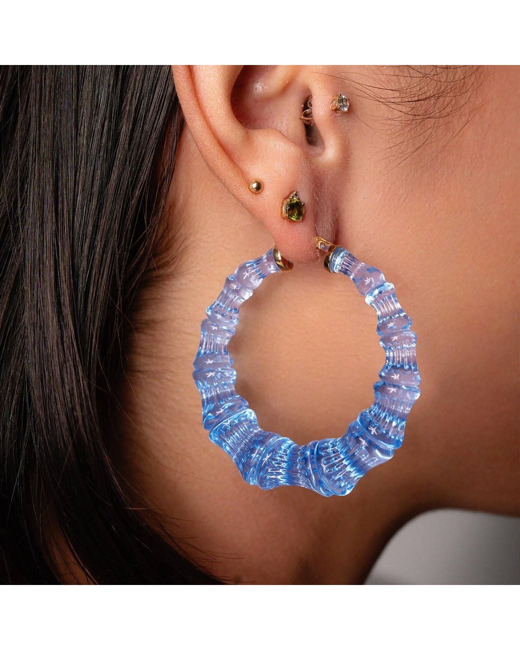 Gold & Honey Blue Bamboo Hoop Earrings