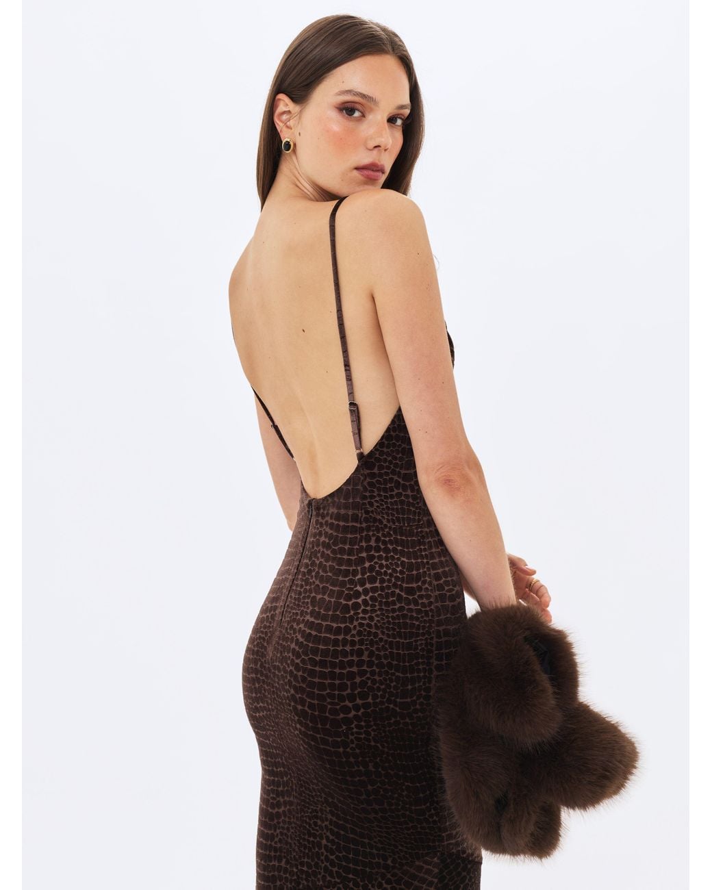 Miss Circle New York White Veronique Croc-Embossed Velvet Cowl Neck Mermaid Maxi Dress
