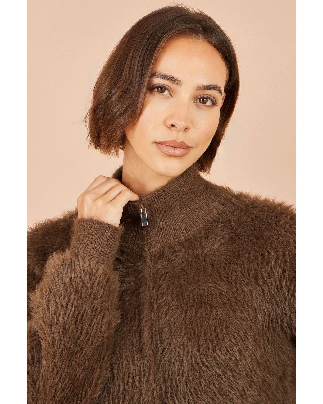 Yumi' Brown Eyelash Zip Knitted Jacket