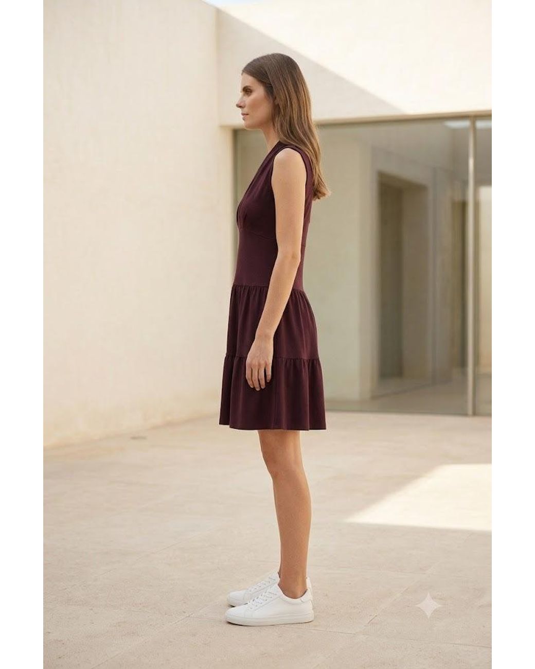 Conquista Purple Draped Bodice Tiered Mini Dress