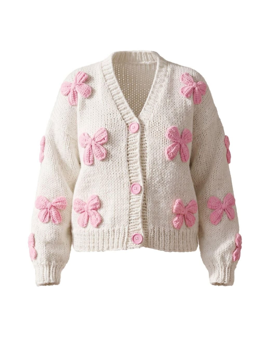 Ana Chic Pink Neutrals Bow Handmade Knitted Cropped Cardigan