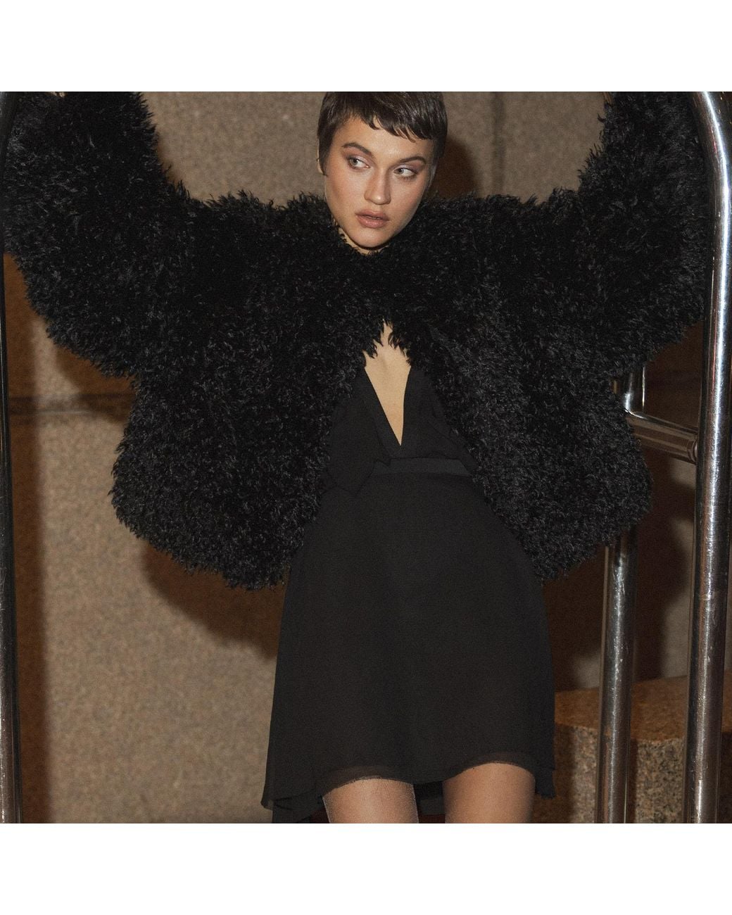 Audrey Vallens Black Miss Av Crop Fur Jacket