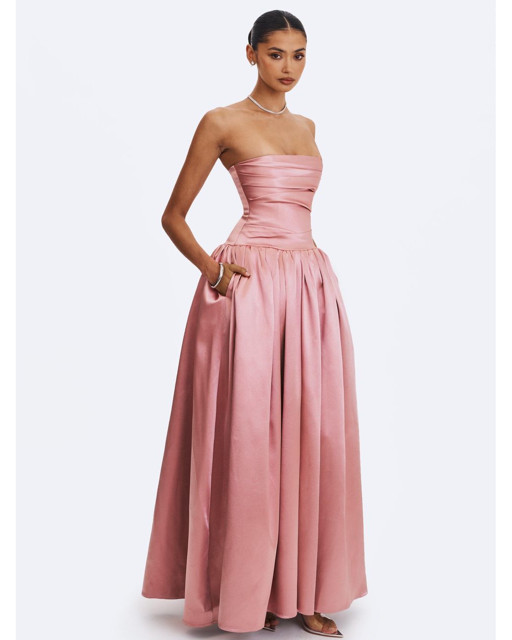 Miss Circle New York Pink Willette Deep Rose Satin Strapless Gathered Maxi Dress