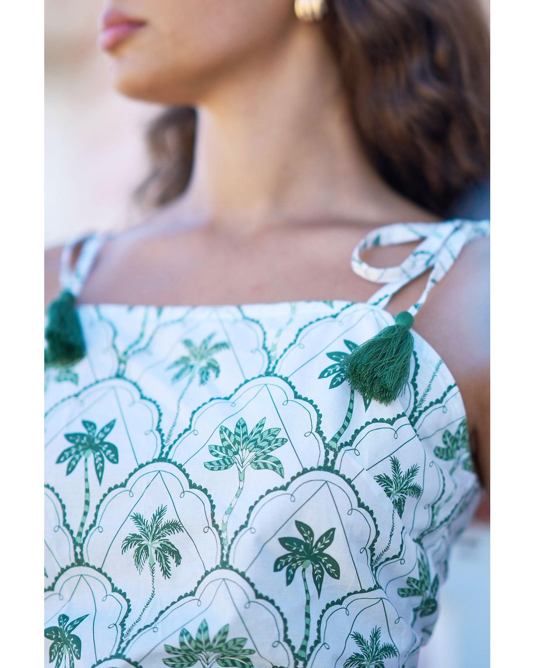 Yumi' Green Palm Tree Cotton Shift Mini Dress